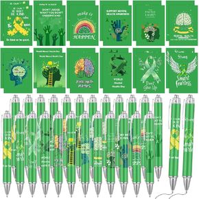 Eersida 48 Pcs Mental Health Awareness Notepads Pens Gift Set Motivational Retractable Ballpoint Pen Mini Mental Health Gifts Green Ribbon Notebook for Office Charity Favors, 12 Styles