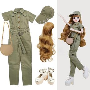 Proudoll 1/3 BJD Doll Clothes Outfit Set - بذلة خضراء من الجيش الأنيق المصنوع يدويًا ، والغطاء ، والمستعراء ، والجلد ، والكعب العالي ، متوافق مع 1/3 60 سم 24in دمى SD