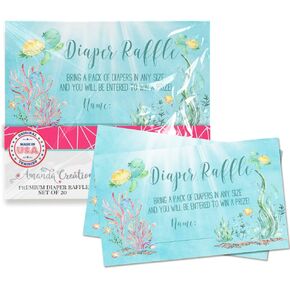 Amanda Creation Little Hatchling Cute Sea Turtle Sea Life Diaper Raffle Tickets for Baby Showers, 20 2" X 3" Double Sided Insert Cards for Games, Bring a Pack of Diapers to Win Favors & Prizes!