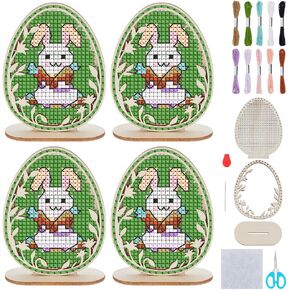 ACRNIGHEET 4PCS Easter Bunny Cross Stitch Kits Counted Cross Stitch Wooden Embroidery Kits for Adults Beginners DIY Hand 3D Bunny Embroidery Easter Ornament Craft Kit with Instruction 9CT