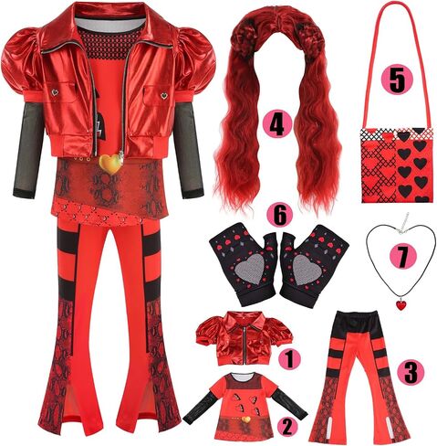 Girl Rise of Red Costume Heart Jacket Shirt Flare Pants Wig Necklace Gloves Bag Halloween Cosplay 7PCS Set 3-12Y in Saudi Arabia