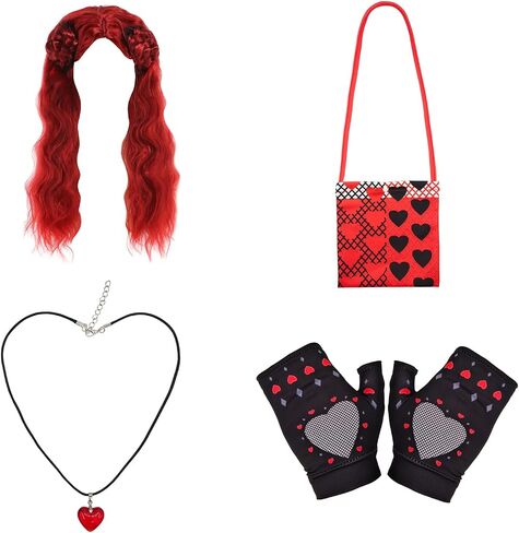 Girl Rise of Red Costume Heart Jacket Shirt Flare Pants Wig Necklace Gloves Bag Halloween Cosplay 7PCS Set 3-12Y in Saudi Arabia