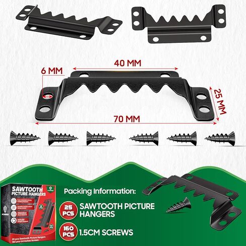 [Premium] 25 Pack 70mm Sawtooth Picture Hangers with 0.6" Screws, Heavy-Duty Steel,300LBS Load-Bearing Capacity,Picture Hanging for Wall Mounting of Artwork, Wooden Frames,Home Decoration(Black) in Kuwait