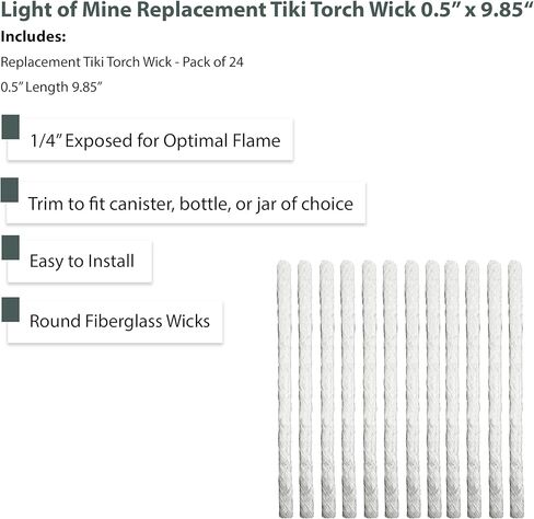 Light of Mine | Fiberglass Replacement Tiki Torch Wick | 0.5" Length 9.85" | Long Lasting | Perfect for Outdoor Tiki Torch |Wine Bottles | Lanterns | Citronella Oil Lamps (12) in Kuwait