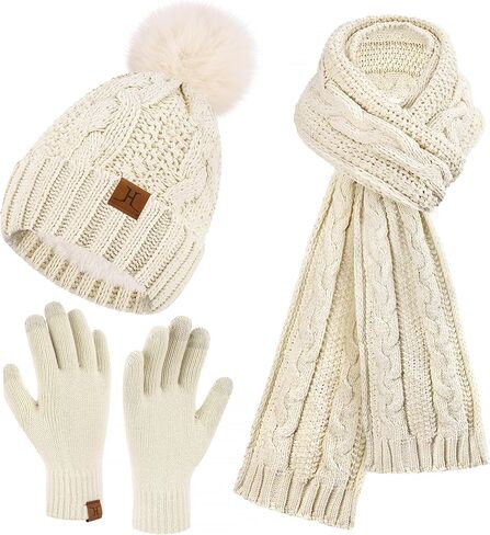 إمرأة قبعات شتوية وشاح مجموعة قفازات تعمل باللمس الشنيل متماسكة صوف مبطن بيني Pompom قبعة الأوشحة in Kuwait