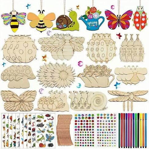 ShaoAngDuoMi 36PCS DIY Wooden Painting Crafts Set, Blank Coloring Wooden Stencils of Plants and Insects, Party Favors, Painting Activity, Birthday Gift, Parent-Child Family Art Creation in Saudi Arabia