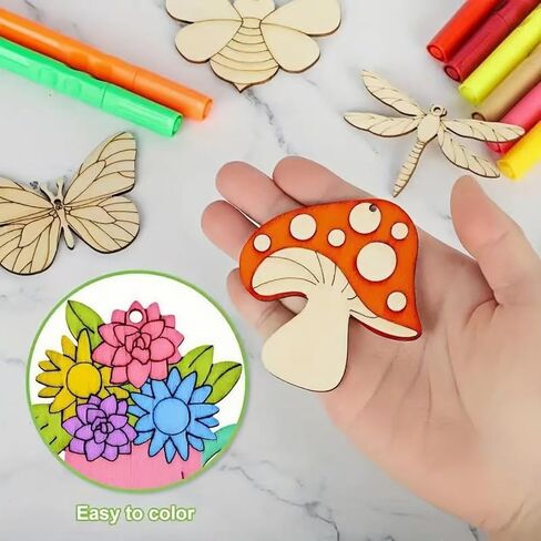 ShaoAngDuoMi 36PCS DIY Wooden Painting Crafts Set, Blank Coloring Wooden Stencils of Plants and Insects, Party Favors, Painting Activity, Birthday Gift, Parent-Child Family Art Creation in Saudi Arabia
