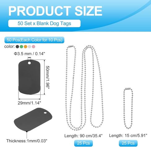 MECCANIXITY Blank Dog Tags Rectangle Blank Aluminum Blank Keychains Two Size Length Ball Steel Chains Metal Personalized Pet for DIY Crafts Silver/Pink/Black/Green/Gold, 50 Set in Saudi Arabia