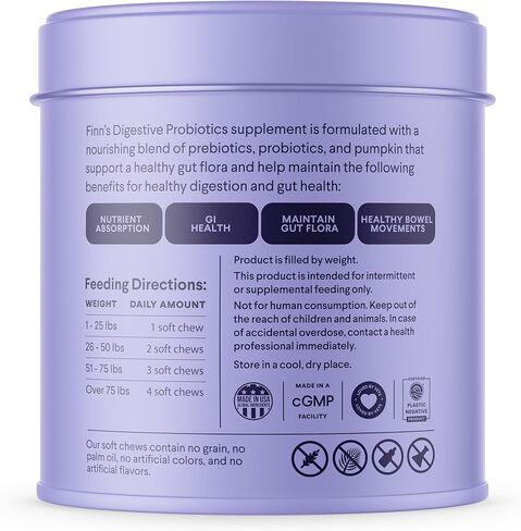 Finn Digestive Probiotics for Dogs - Complete Digestive System Support with Pumpkin, Prebiotics, & Live Probiotics - Vet Recommended & Made in The USA - 90 Soft Chews in Kuwait