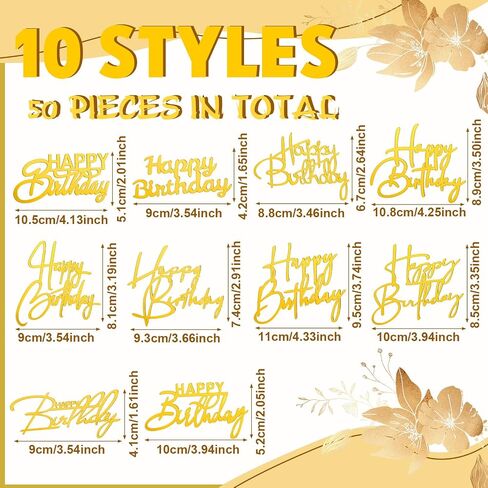 Barydat 50 Pcs Happy Birthday Cake Toppers Bulk Mirror Acrylic Cupcake Topper Cupcake Decorations Happy Birthday Sign for Cake Side Inserts Decor Party Supplies 10 Style (Silver) in Saudi Arabia