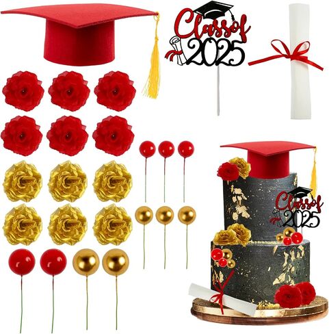 Graduation Congratulations Cake Toppers Decoration Included Cap with Tassel Diploma Flowers Glitter Balls Congrats Grad Class of 2025 High School College Senior Party Supplies(Green) in Saudi Arabia