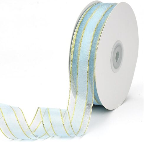 50 Yards 1 Inch Navy Blue Organza Ribbon Gold Edge Sheer Nylon Transparent Clear Soft Shimmer Spool Ornamental Ribbons Made of Textiles for Gift Wrapping Bouquets Hair Braiding Wedding DIY in Saudi Arabia