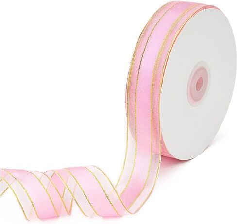 50 Yards 1 Inch Navy Blue Organza Ribbon Gold Edge Sheer Nylon Transparent Clear Soft Shimmer Spool Ornamental Ribbons Made of Textiles for Gift Wrapping Bouquets Hair Braiding Wedding DIY in Saudi Arabia