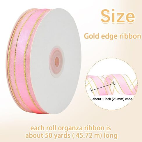 50 Yards 1 Inch Navy Blue Organza Ribbon Gold Edge Sheer Nylon Transparent Clear Soft Shimmer Spool Ornamental Ribbons Made of Textiles for Gift Wrapping Bouquets Hair Braiding Wedding DIY in Saudi Arabia
