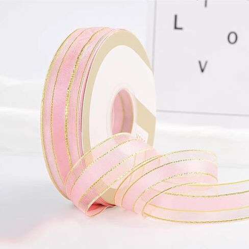 50 Yards 1 Inch Navy Blue Organza Ribbon Gold Edge Sheer Nylon Transparent Clear Soft Shimmer Spool Ornamental Ribbons Made of Textiles for Gift Wrapping Bouquets Hair Braiding Wedding DIY in Saudi Arabia