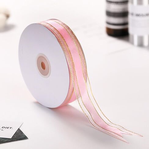 50 Yards 1 Inch Navy Blue Organza Ribbon Gold Edge Sheer Nylon Transparent Clear Soft Shimmer Spool Ornamental Ribbons Made of Textiles for Gift Wrapping Bouquets Hair Braiding Wedding DIY in Saudi Arabia