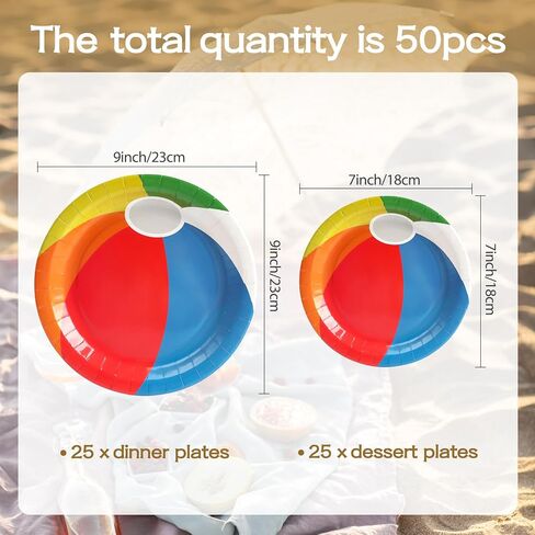 50 Pcs Party Plates, Beach Ball Paper Plates Party Supplies for Summer Beach Pool Ball, Disposable Tableware Sets, Serve for 25 Guests in Kuwait