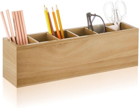 Jetec Wooden Pencil Pen Holder for Desk 6 Compartments Wood Office Desk Organizers for Countertop Adjustable Makeup Brush Organizer Silverware Caddy for Party, Home, Art Supplies(Wood Color) in Kuwait