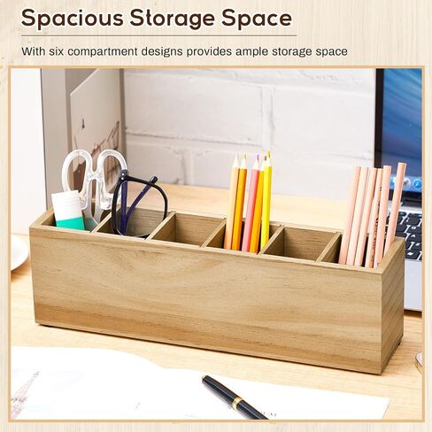 Jetec Wooden Pencil Pen Holder for Desk 6 Compartments Wood Office Desk Organizers for Countertop Adjustable Makeup Brush Organizer Silverware Caddy for Party, Home, Art Supplies(Wood Color) in Kuwait