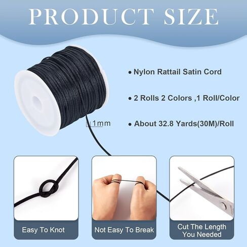 1mm Rattail Silk Cord for Jewelry Making, Satin Nylon Rattail Cord Black White Silky Beading String 64 Yards Braided Beading String for Kumihimo Lanyards Jewelry Keychain Making in Kuwait
