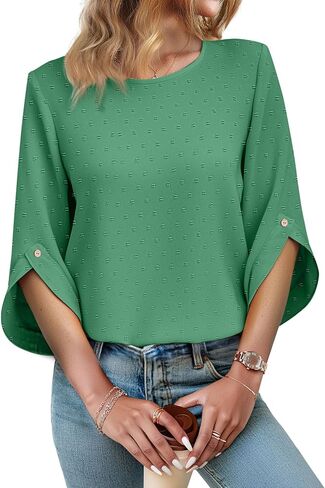 JUSTFASHIONNOW Womens Tops Dressy Casual 3/4 Sleeve Blouses Summer Tops 2025 Trendy Swiss Dots Shirts in Kuwait