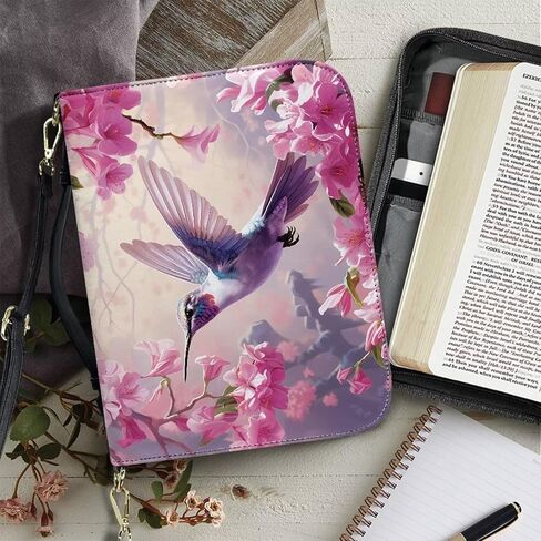 Rchsmod Hummingbird cherry أزهار طباعة حالة غلاف الكتاب المقدس للنساء من جلد الكتاب المقدس حامي الكتاب المقدس سحاب مع أدوات دراسة الكتاب المقدس خفيفة الوزن ، L. in Kuwait