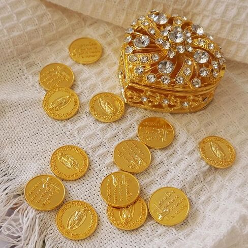 Arras Para Boda Catolica, Wedding Arras Coins Set, Heart Shaped Decorative Box with 13 Virgen of Guadalupe Coins, Mexican Wedding Accessories for Ceremony, Arras De Boda Cristiana - Gold in Saudi Arabia