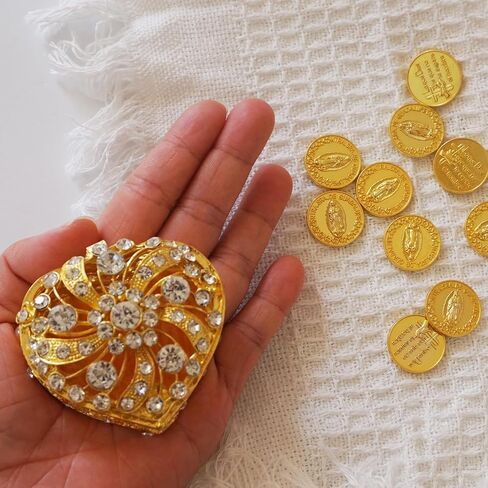 Arras Para Boda Catolica, Wedding Arras Coins Set, Heart Shaped Decorative Box with 13 Virgen of Guadalupe Coins, Mexican Wedding Accessories for Ceremony, Arras De Boda Cristiana - Gold in Saudi Arabia