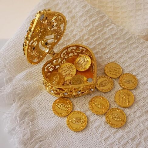 Arras Para Boda Catolica, Wedding Arras Coins Set, Heart Shaped Decorative Box with 13 Virgen of Guadalupe Coins, Mexican Wedding Accessories for Ceremony, Arras De Boda Cristiana - Gold in Saudi Arabia