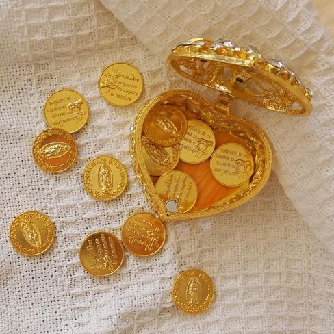 Arras Para Boda Catolica, Wedding Arras Coins Set, Heart Shaped Decorative Box with 13 Virgen of Guadalupe Coins, Mexican Wedding Accessories for Ceremony, Arras De Boda Cristiana - Gold in Saudi Arabia