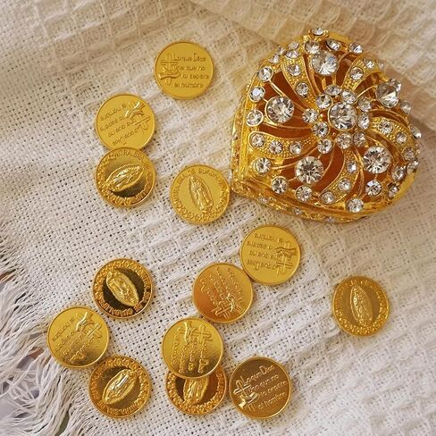 Arras Para Boda Catolica, Wedding Arras Coins Set, Heart Shaped Decorative Box with 13 Virgen of Guadalupe Coins, Mexican Wedding Accessories for Ceremony, Arras De Boda Cristiana - Gold in Saudi Arabia