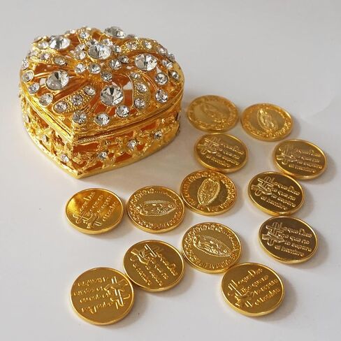 Arras Para Boda Catolica, Wedding Arras Coins Set, Heart Shaped Decorative Box with 13 Virgen of Guadalupe Coins, Mexican Wedding Accessories for Ceremony, Arras De Boda Cristiana - Gold in Saudi Arabia