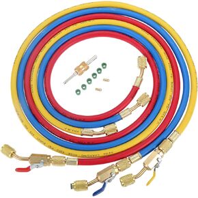 Aupoko AC Refrigerant Charging Hose with Ball Valve, 3-Color 60" R410A HVAC Hoses Kit with 1/4’’ SAE Thread, with Valve Core Remover Kit for R410A R134A R12 R22 R502 R404 Air Condition Maintenance