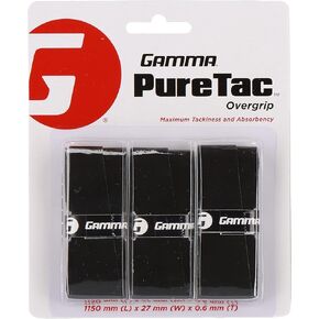 Gamma Tennis PureTac OVERGRIP, Extra Tacky, Durable, Moisture Absorbent - White, Black (1, 3, or 12 Pack)