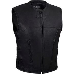 Mens SWAT Team Style Leather Motorcycle Vest with Gun Pockets & Side Size Adjust. (Black,Sizes S-5XL,Tall)