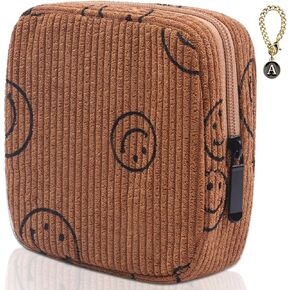 Sanitary Napkin Storage Bag,Preppy Corduroy Period Bag for School Teen Girls, Cute Smiley Face,Portable Period Pouch with Zipper, Sanitary Pads Bag Tampons Holder for Purse, First Period