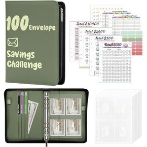 Ospelelf 100 Envelopes Money Saving Challenge Budget Planner Binder PU Leather Savings Book Zipper Closure Organizer for Cash 2024 Black