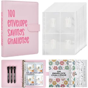 100 Envelope Savings Challenge Binder, 100 Envelopes Money Saving Challenges, A5 100 day cash $5050 challenge book, 3 Markers and 3 Laminated trackers Included