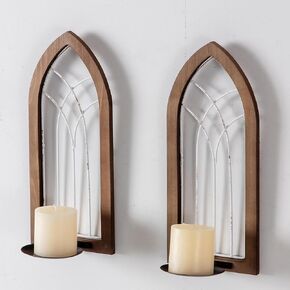 Farmhouse Wall Candle Sconces with White Cathedral Window, Set of 2, Wood Frames Wall Candle Holder, Candle Shelf for Wall, Arch Wall Decor for Living Room, Bedroom, Hallway