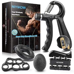 Grip Strength Trainer Kit with Counter (5 Pack), Adjustable Hand Grip Strengthener, Counting Grip Strength, Finger Trainer, Finger Stretcher, Grip Ring & Stress Relief Grip Ball with Carry Bag