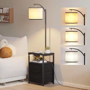 مصباح أرضي من SUNMORY مع طاولة ودرجين، مصباح مع منفذ USB ومنفذ، مصابيح لمنضدة مع لمبة LED بدرجة حرارة 3 ألوان متضمنة، مصابيح أرضية لغرفة المعيشة وغرفة النوم والمكتب المنزلي، أسود