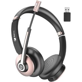 Earbay Bluetooth Headset with Microphone, Wireless Headset with Noise Cancelling Mic, On Ear Headphone with USB Dongle & Mute Button, 26hrs Talk time for PC/Office/Zoom/Skype Rose Gold
