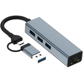 USB+Type C 2-in-1 to LAN Port (100Mbps) +HUB Hub USB C to HDMI Hub Ethernet 3*USB 3.0 SD/TF Card Reader, Compatible with USB C Laptops and Other C