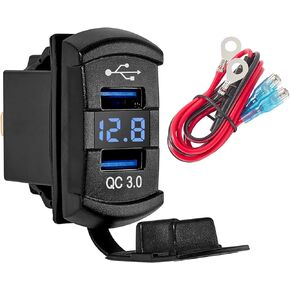 QC Dual USB3.0 Car Charger Port Rocker Switch Style, 12V-24V Waterproof USB Socket with Blue LED Voltmeter, Universal Fast Charge USB Replacement for Marine Toggle Switch Panel on Boat Truck RV