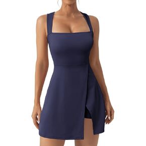 Dokuritu Womens Tennis Dress with Built in Shorts and Pockets Square Neck Sleeveless Side Slit Golf Workout Athletic Dresses in Kuwait