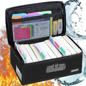 JUNDUN Index Card Holder with 48 Pieces 3x5 Inch Index Cards Dividers,Collapsible Fireproof Index Card Box with Lock fits 1200 3x5-Inch Flash Cards - Business, or Note Card Storage Boxes - Black
