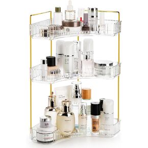 3 Tiers Bathroom Counter Organizer, Clear Corner Shelf Storage Rack, Cosmetic Perfume Standing Holder with Gold Metal Pole, Skincare Sink Organizer for Vanity Countertop