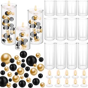 12 Set Glass Cylinder Vase Wedding Centerpieces Bulk with 260 Multiple Size Gold Black Simulated Pearl Beads, 20000 Clear Gel Beads and 24 White Floating Candles Vase Filler Wedding Table Home Decor