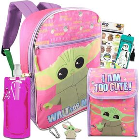 Fast Forward Baby Yoda Backpack with Lunch Box for Girls Set - Bundle with Baby Yoda Backpack, Baby Yoda Lunch Bag, Water Bottle, Stickers, Keychain, More | Star Wars Backpack for Girls