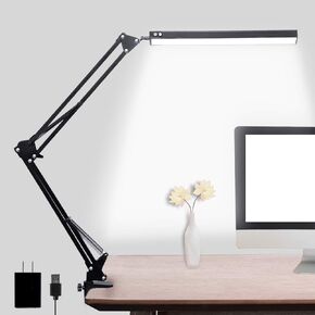 LED Desk Lamp with Clamp and Round Base, Swing Arm Eye Caring Table Lamp, 3 Color Modes 10 Brightness Levels, Memory Function Lamp with USB Adapter, Desk Light for Home Office 14W Black